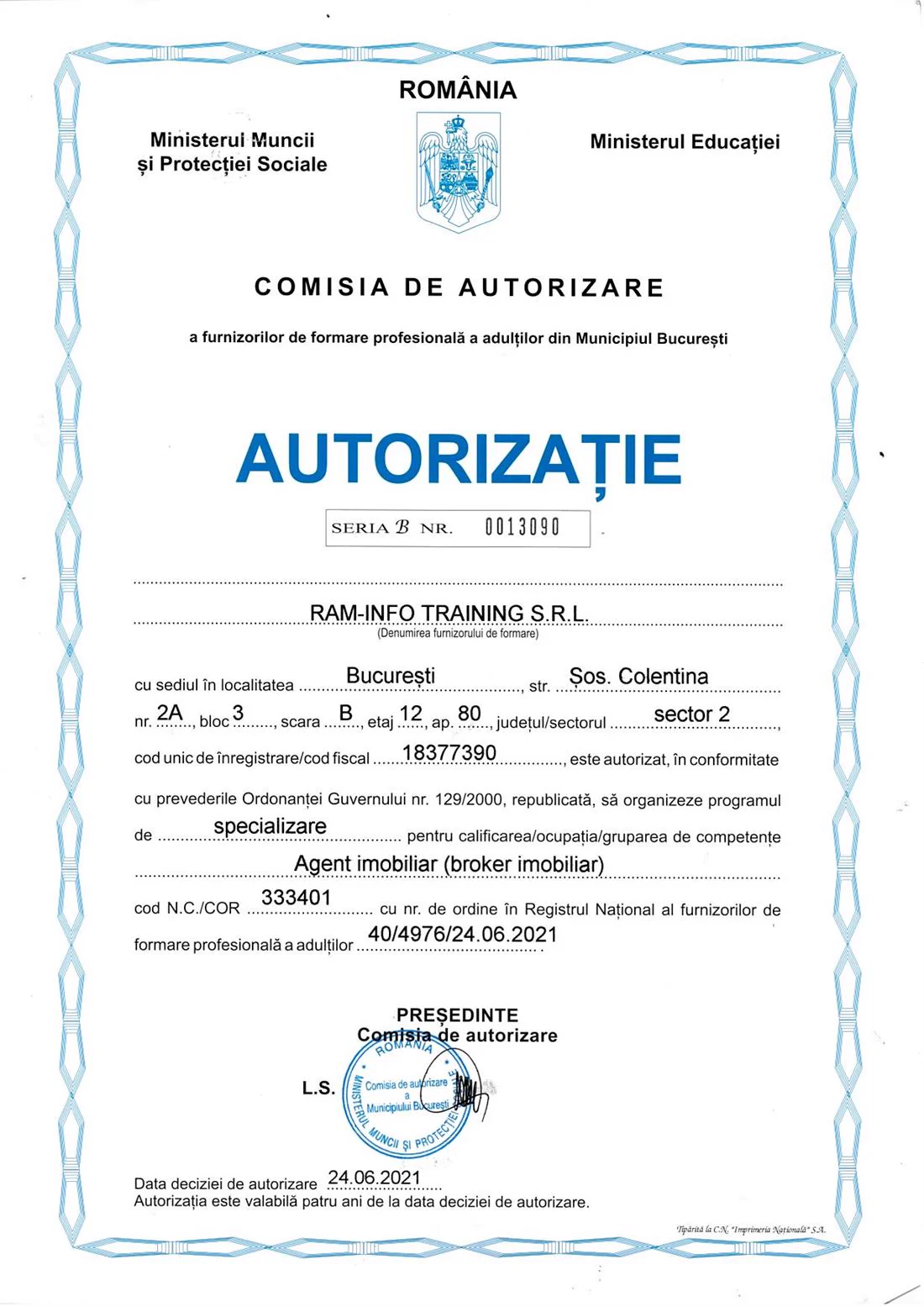 Autorizație Agent imobiliar / broker imobiliar, document din 2021