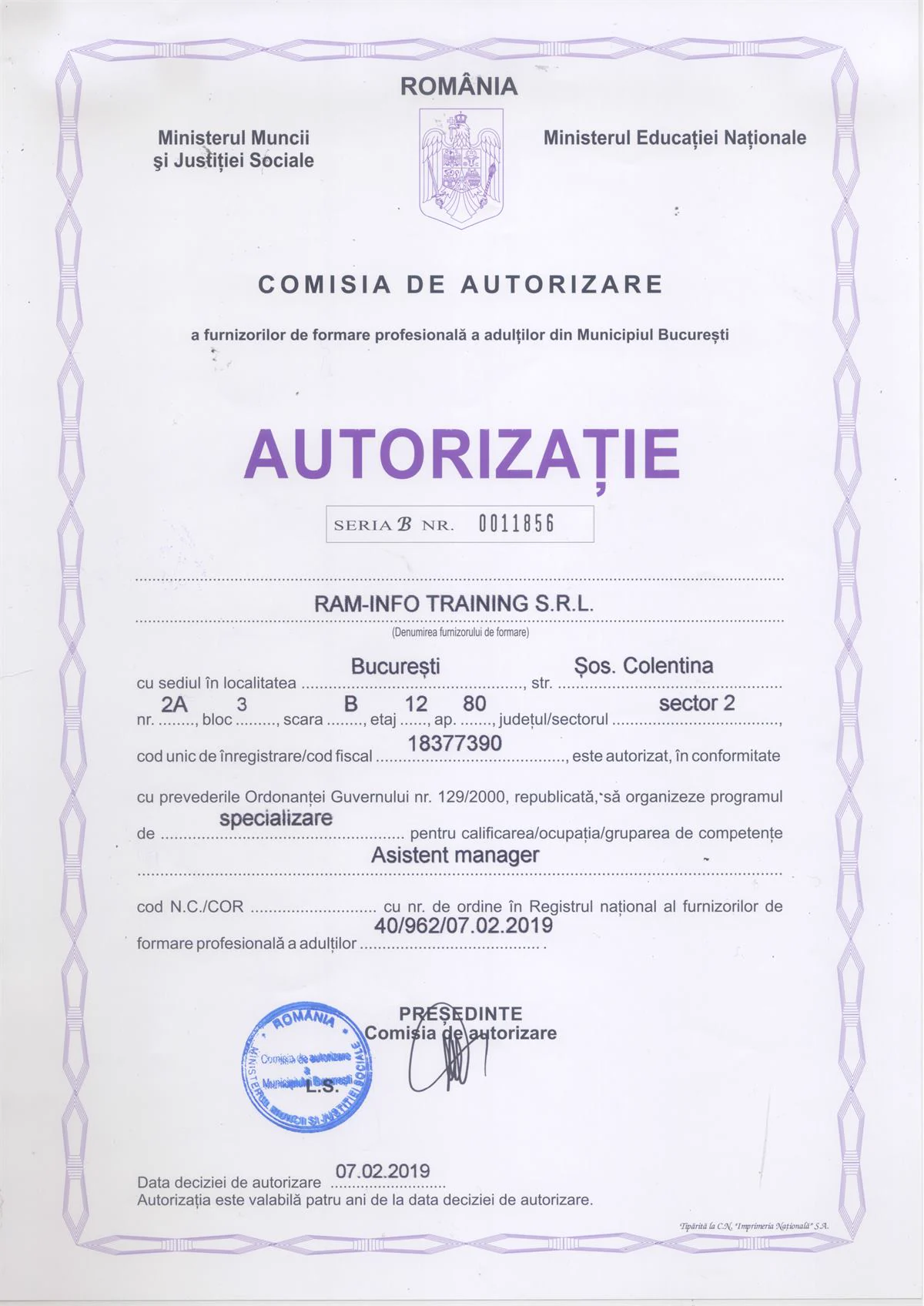 Autorizație Asistent manager, document din 2019