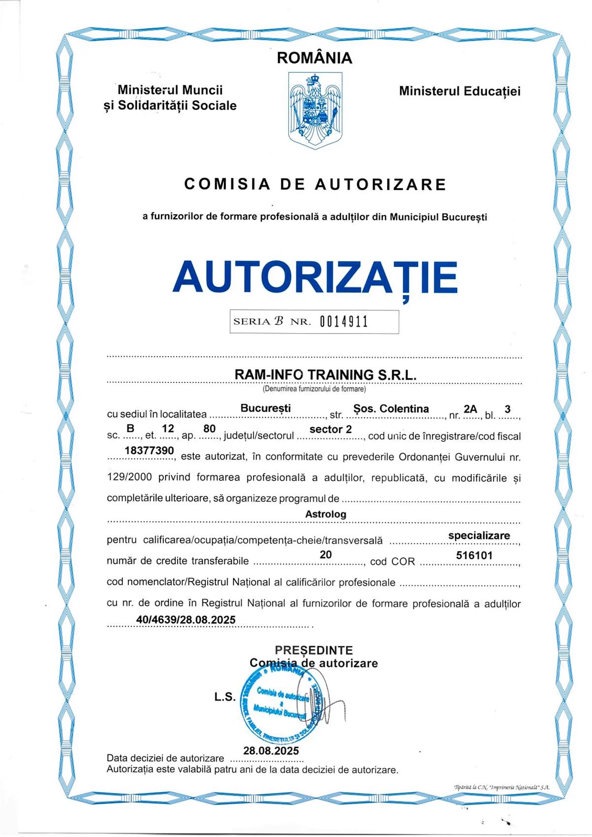Autorizație Astrolog, document din 2025