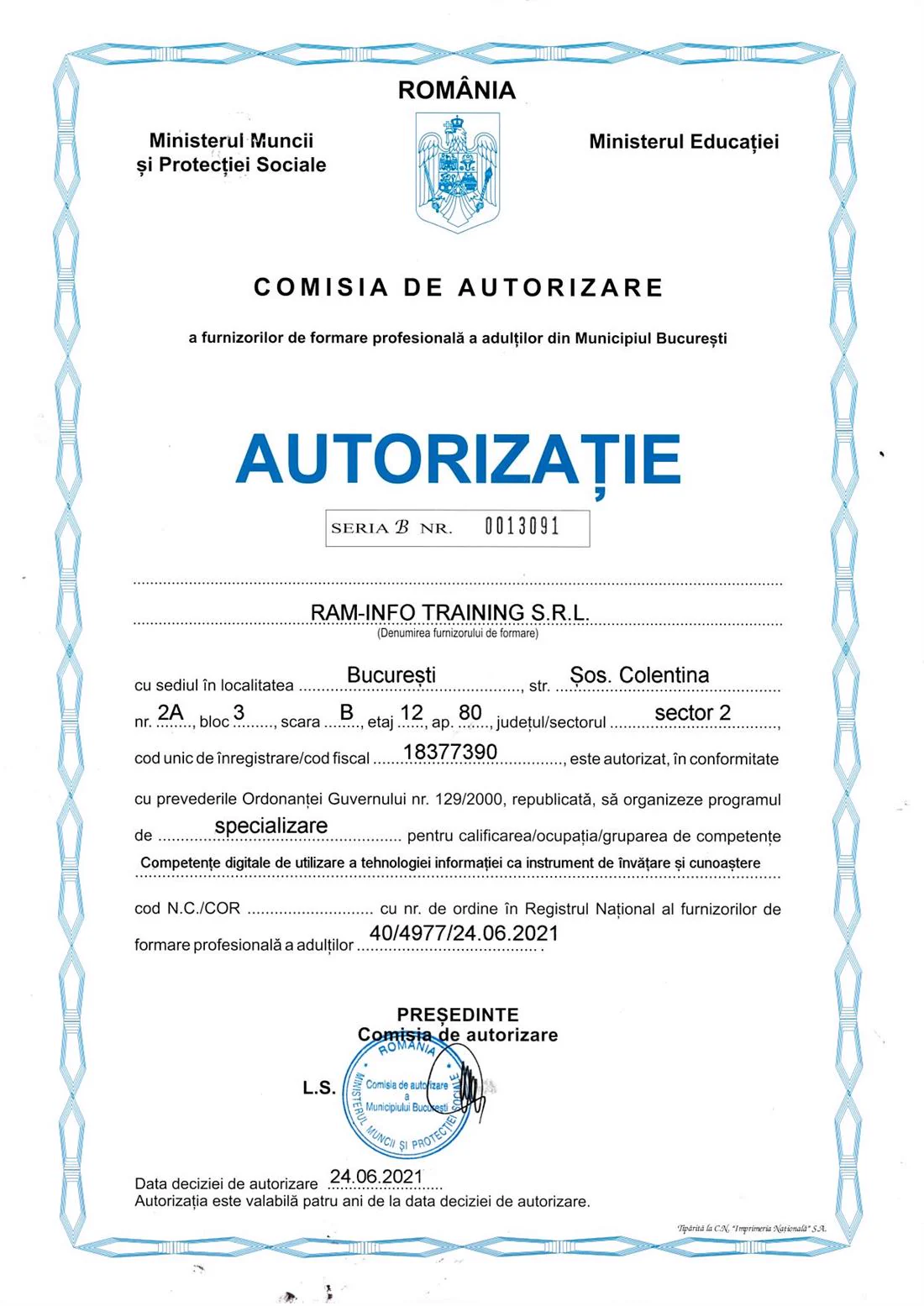 Autorizație Competențe digitale, document din 2021