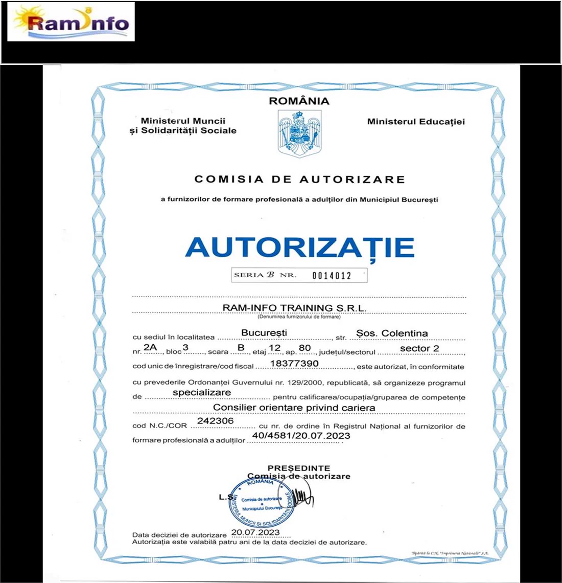 Autorizație Consilier orientare privind cariera, document din 2023