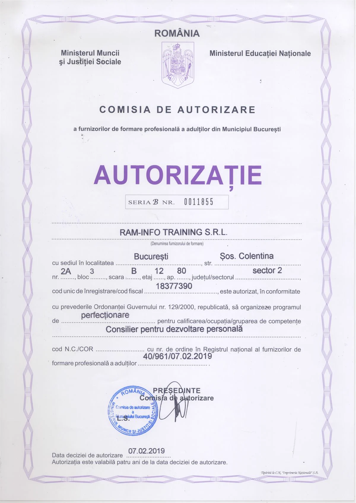 Autorizație Consilier pentru dezvoltare personală, document din 2019