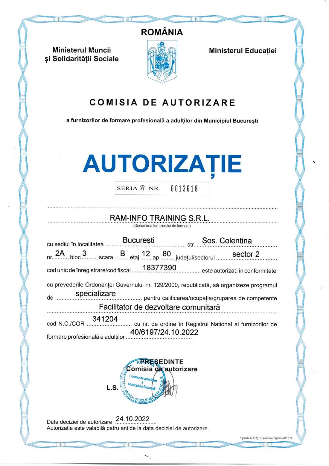 Autorizație Facilitator de dezvoltare comunitară, document din 2022