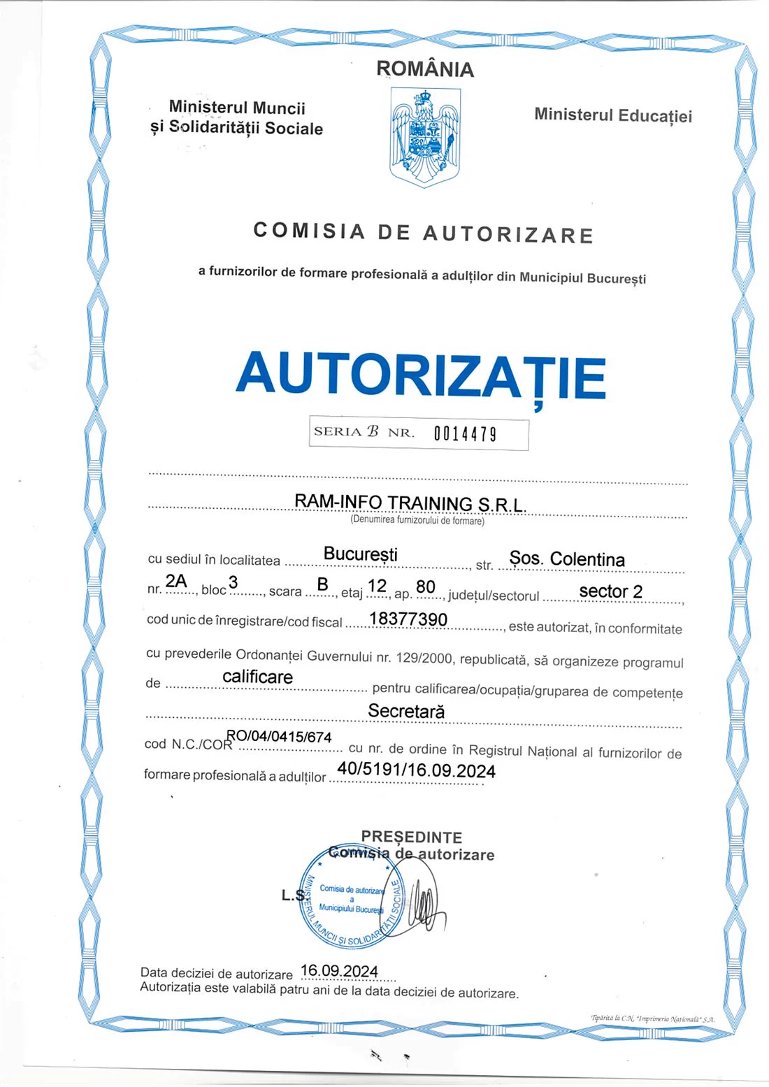 Autorizație Secretară / secretariat, document din 2019