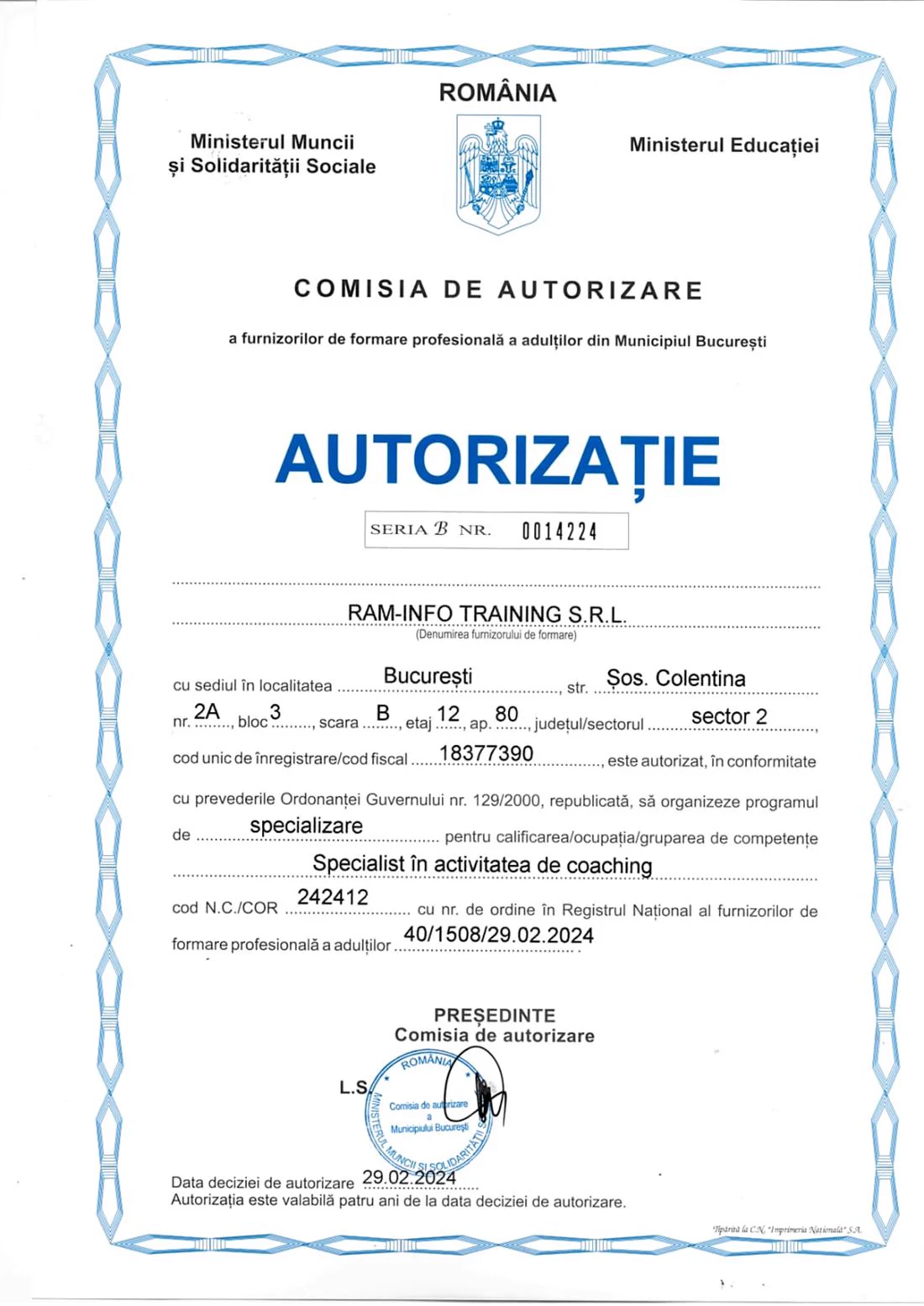 Autorizație Specialist în activitatea de coaching, document din 2024