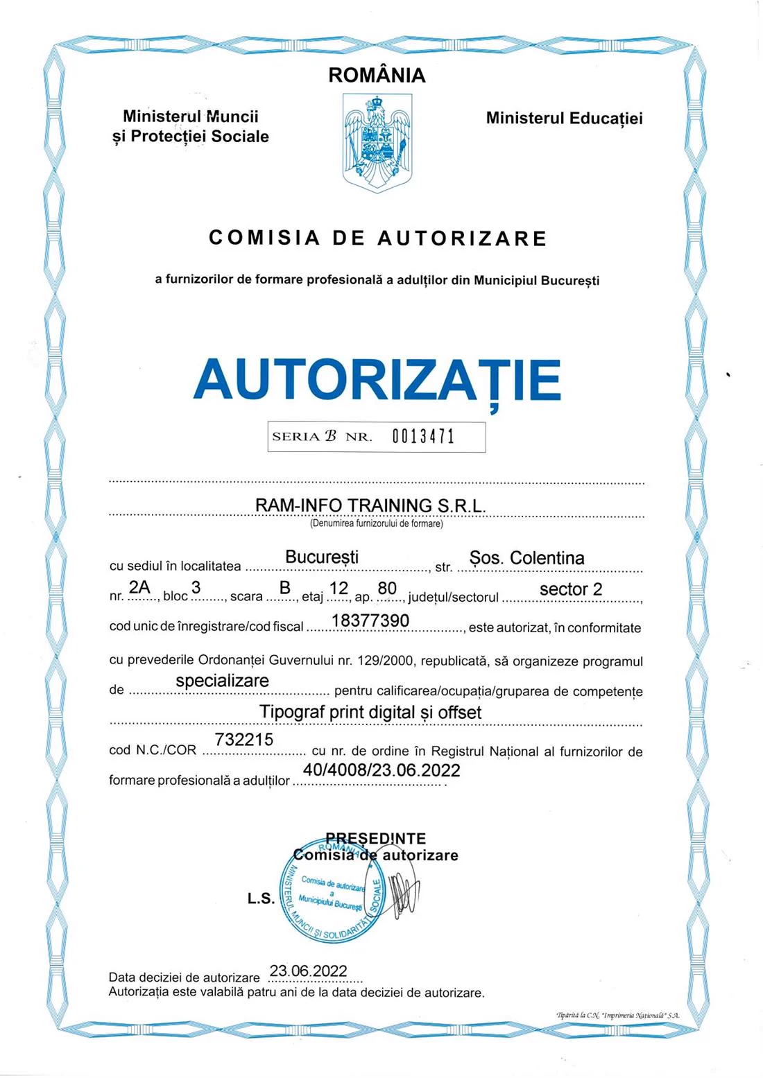 Autorizație Tipograf print digital și offset, document din 2022