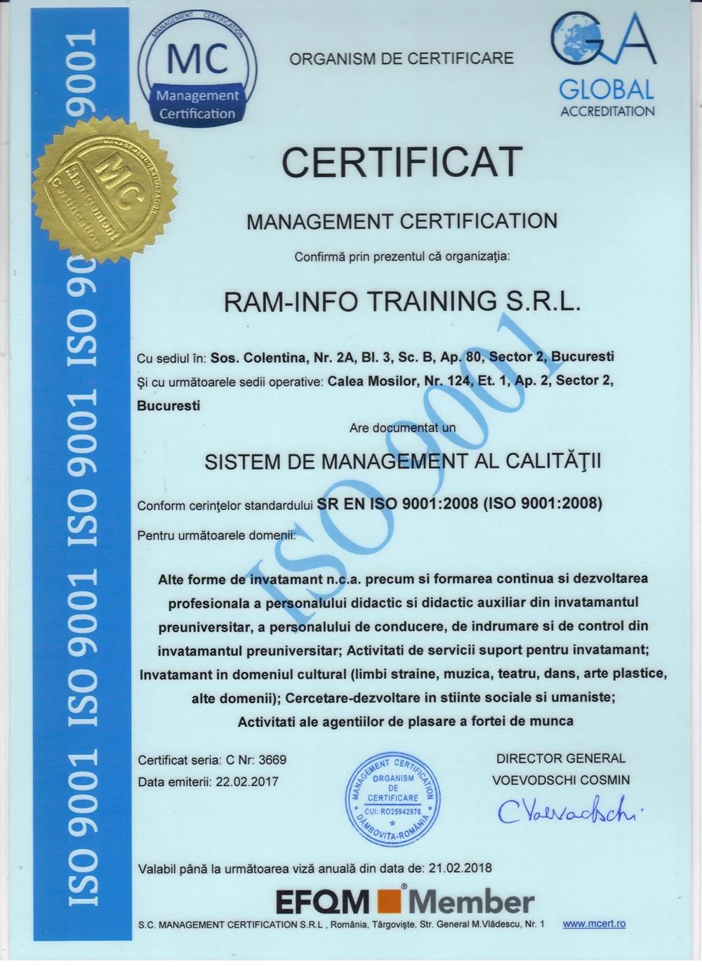 Certificat ISO 9001:2008 RAM-INFO TRAINING, emis în 2017