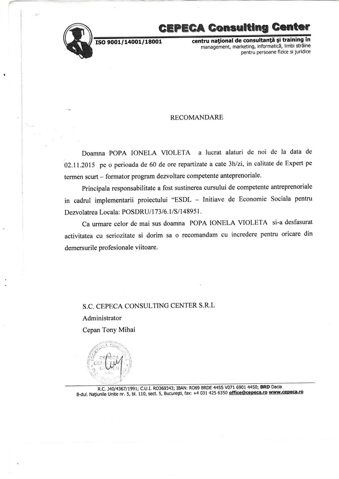 Recomandare profesională pentru formatorul Popa Ionela Violeta